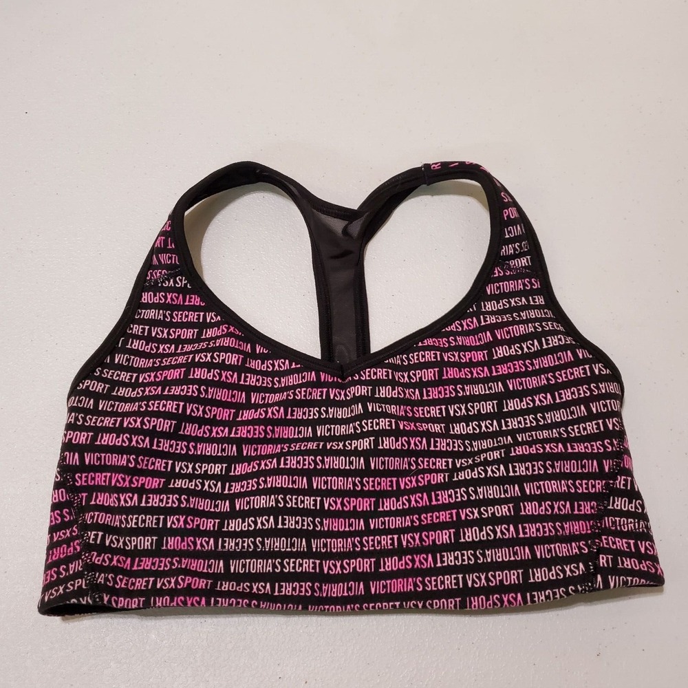 Victoria Secret Women Sports Bra Small Black Pink Racerback The‎ Player Pullover